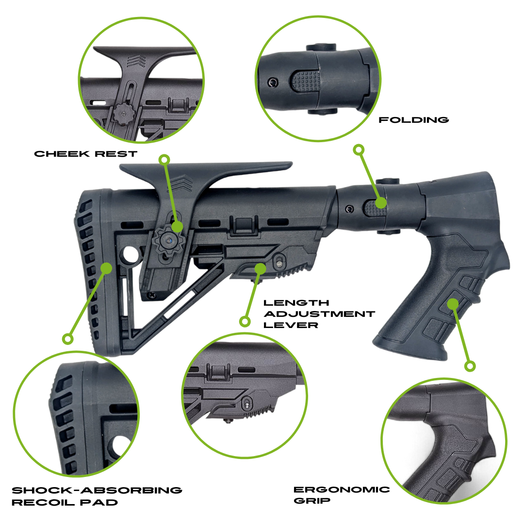 Folding Tactical Shotgun Stock with Adjustable Length, Cheek Rest, Buttpad, and Pistol Grip, Collapsible Compatible with GForce Arms Arms GF1 12GA