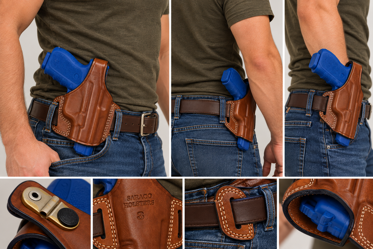 Brown Leather OWB Pancake Holster Thumb Break Right Hand Belt Fits