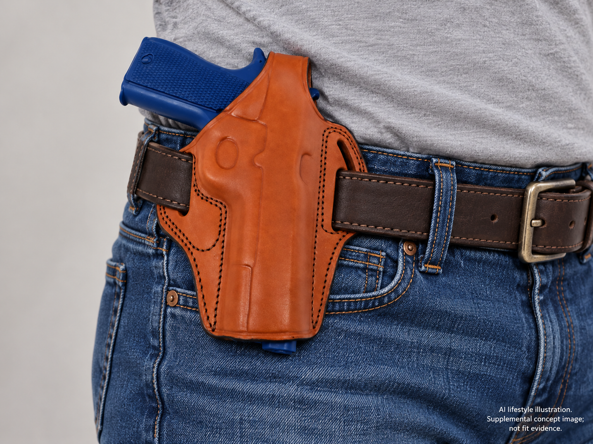 AI lifestyle illustration of GAZELLE - Pancake Concealed Carry Holster w/ Thumb Break for Colt 1911 worn at the waistband; supplemental concept, not verified fit evidence.