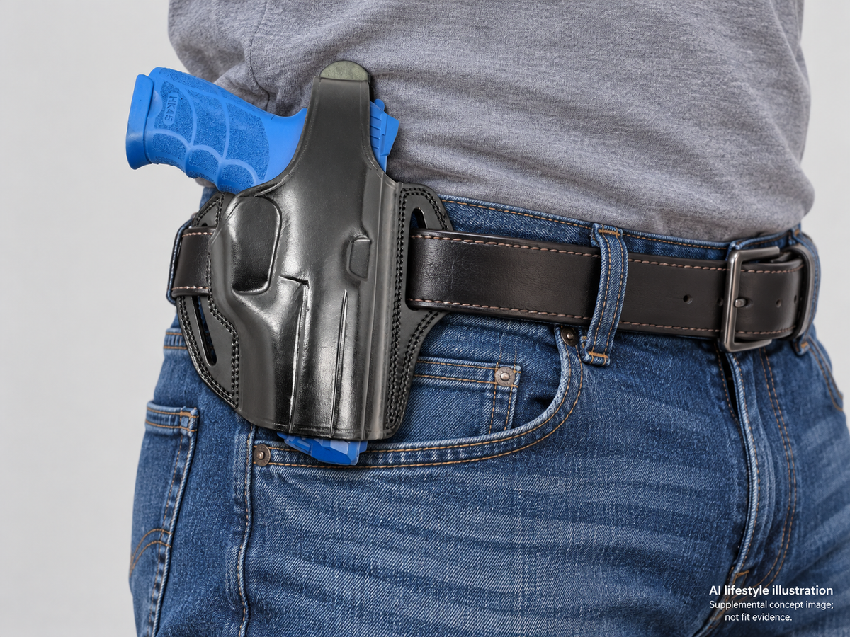 AI lifestyle illustration of OWB Thumb Break Leather Belt Holster for Heckler & Koch HK 45 , Right Hand worn on a belt with a blue inert training replica; not verified fit evidence.