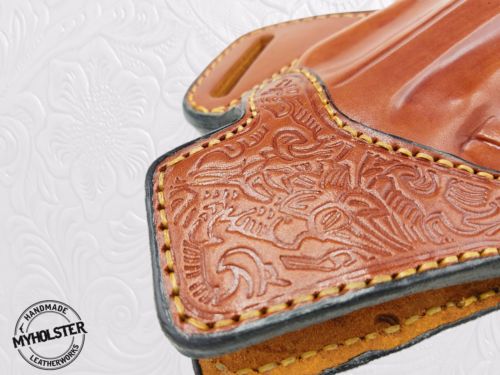 Hand Tooled Brown Leather OpenTop OWB Right Hand Belt Holster For Glock 17/22/31