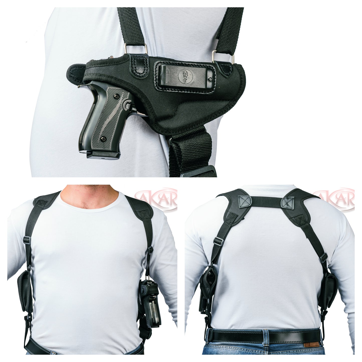GLOCK 17, 19, 22, 23, 31, 32, 34, 35, 39, 44 Akar Horizontal Shoulder Holster Right Hand, Black Fits -no magazine pouch