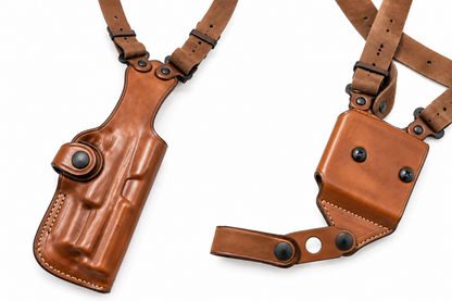 Brown leather vertical shoulder holster and double bullet carrier, alternate view, fits Stoeger STR-9