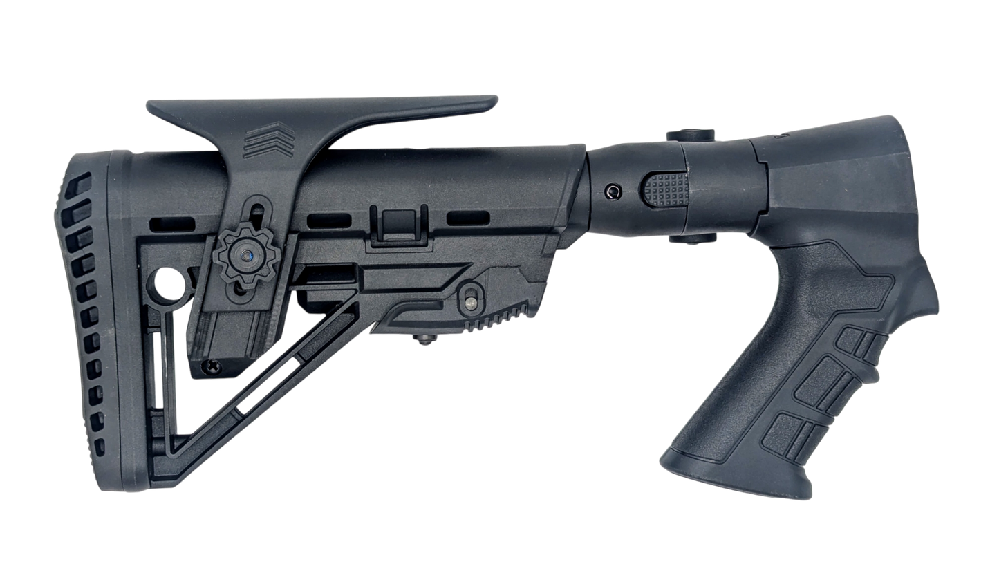 Folding Tactical Shotgun Stock with Adjustable Length, Cheek Rest, Buttpad, and Pistol Grip, Collapsible Compatible with SDS S4 12GA