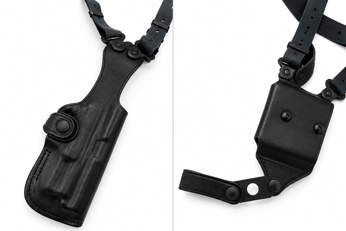 Black leather vertical shoulder holster and double bullet carrier, alternate view, fits Steyr L9-A2