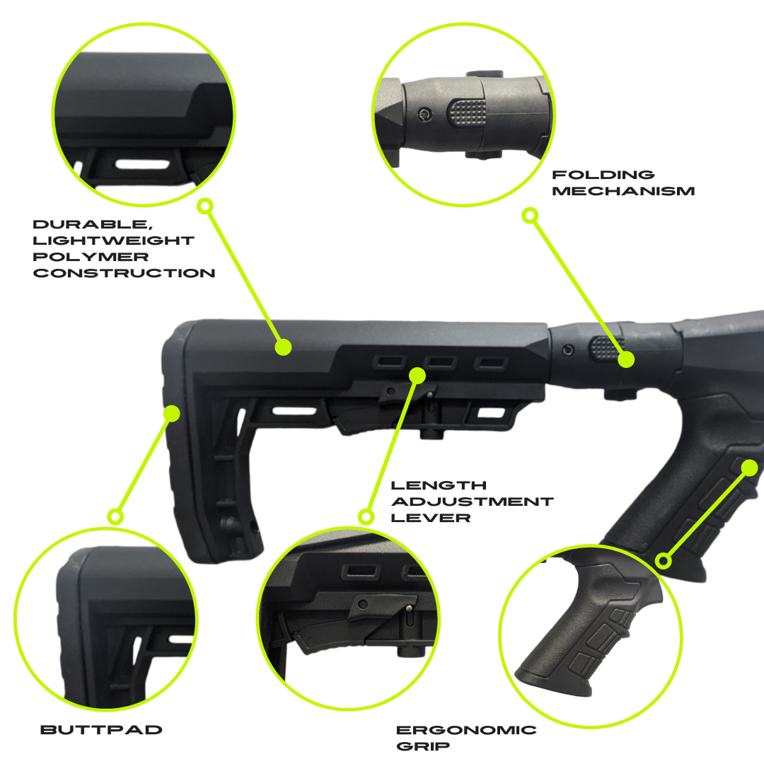 Folding Tactical Buttstock with Pistol Grip for Universal, Adjustable, Collapsible Compatible with Emperor Arms Cobra12 Mag Fed Shotgun - Shortie