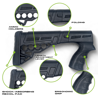 Folding Tactical Buttstock with Pistol Grip Customizable. Length Adjustments, Collapsible Compatible with ASI  PASI1 12GA