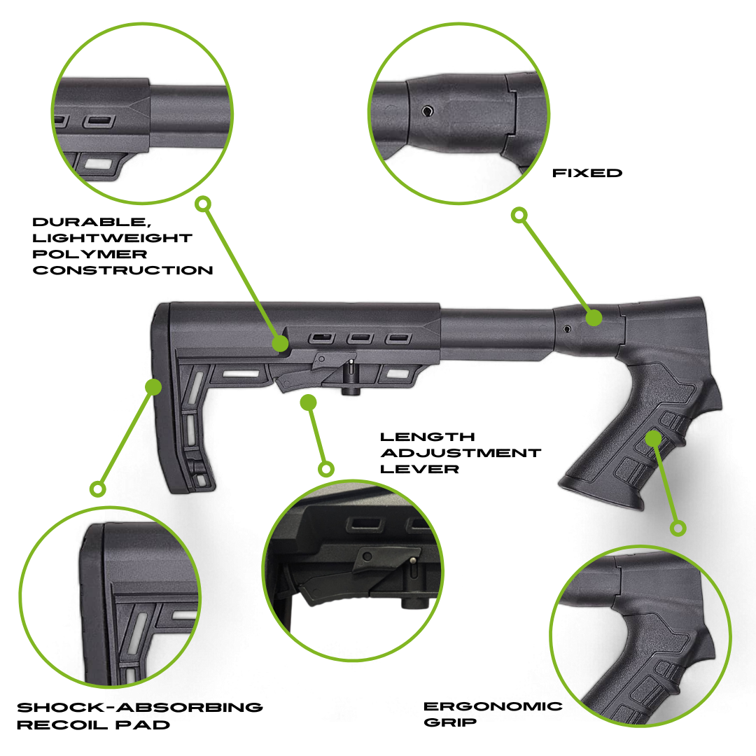 Fixed Tactical Adjustable Shotgun Stock Kit with Ergonomic Pistol Grip Compatible with Emperor Arms Cobra12 Mag Fed Shotgun - Shortie
