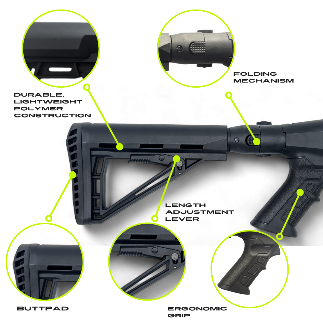 Folding Tactical Buttstock with Pistol Grip, Adjustable, Collapsible Compatible with Emperor Arms Cobra12 Mag Fed Shotgun - Shortie
