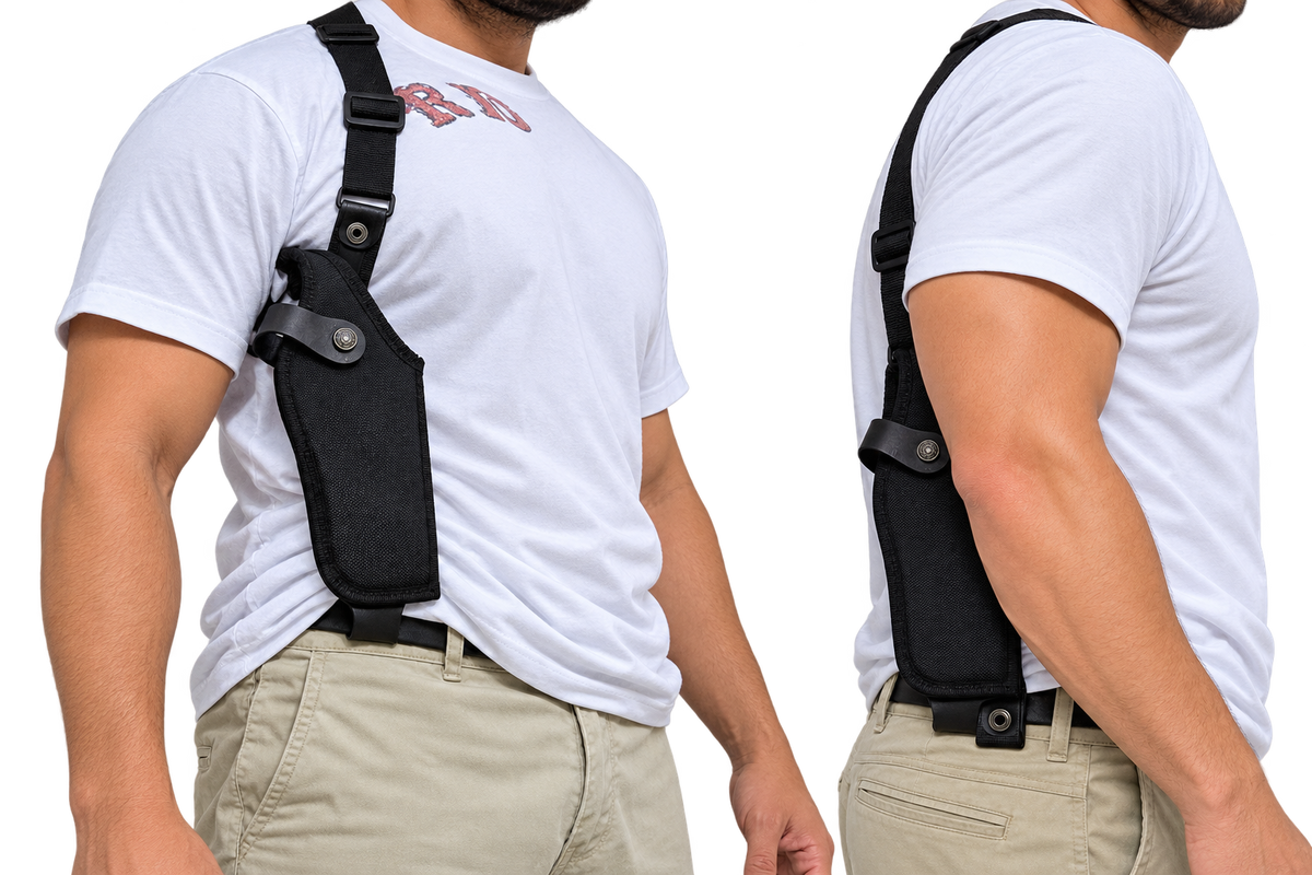 Black nylon vertical shoulder holster for Canik SFx Rival, right-hand draw under left arm, view 1
