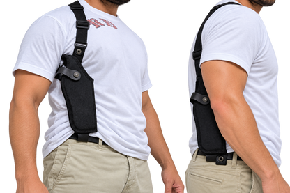 Black nylon vertical shoulder holster for Canik SFx Rival, right-hand draw under left arm, view 1