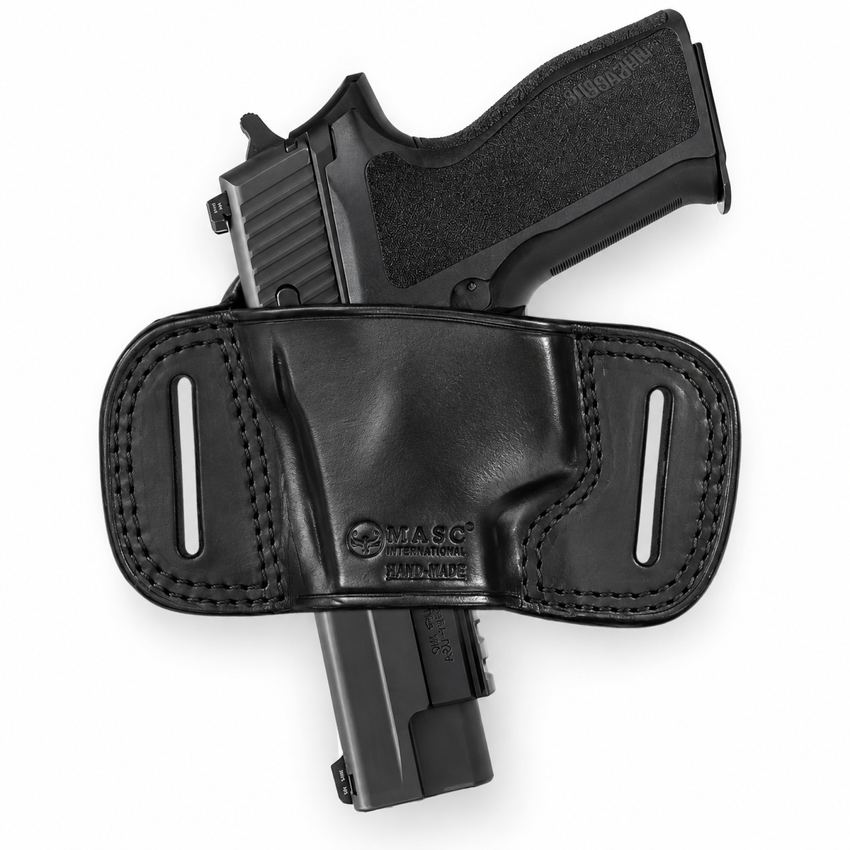 Black leather right-hand open-top OWB pancake holster for Bersa TPR9C, view 2