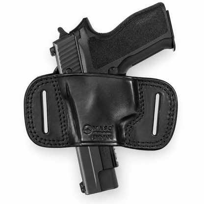 Black leather right-hand open-top OWB pancake holster for Bersa TPR9C, view 2