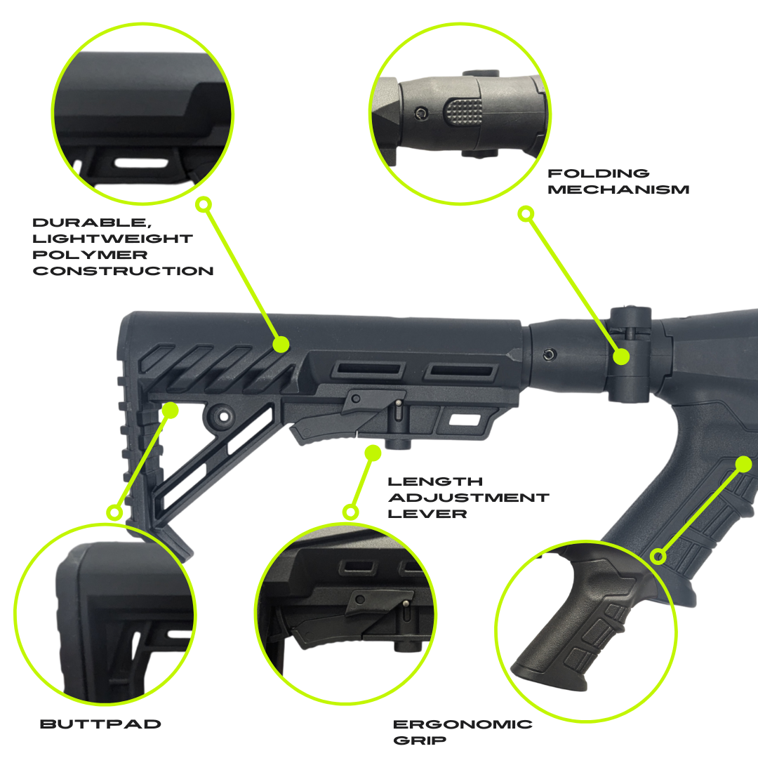 Tactical Folding Shotgun Stock with Ergonomic Pistol Grip  Lightweight, Durable Design Compatible with Escort HAT00072 MP 12GA