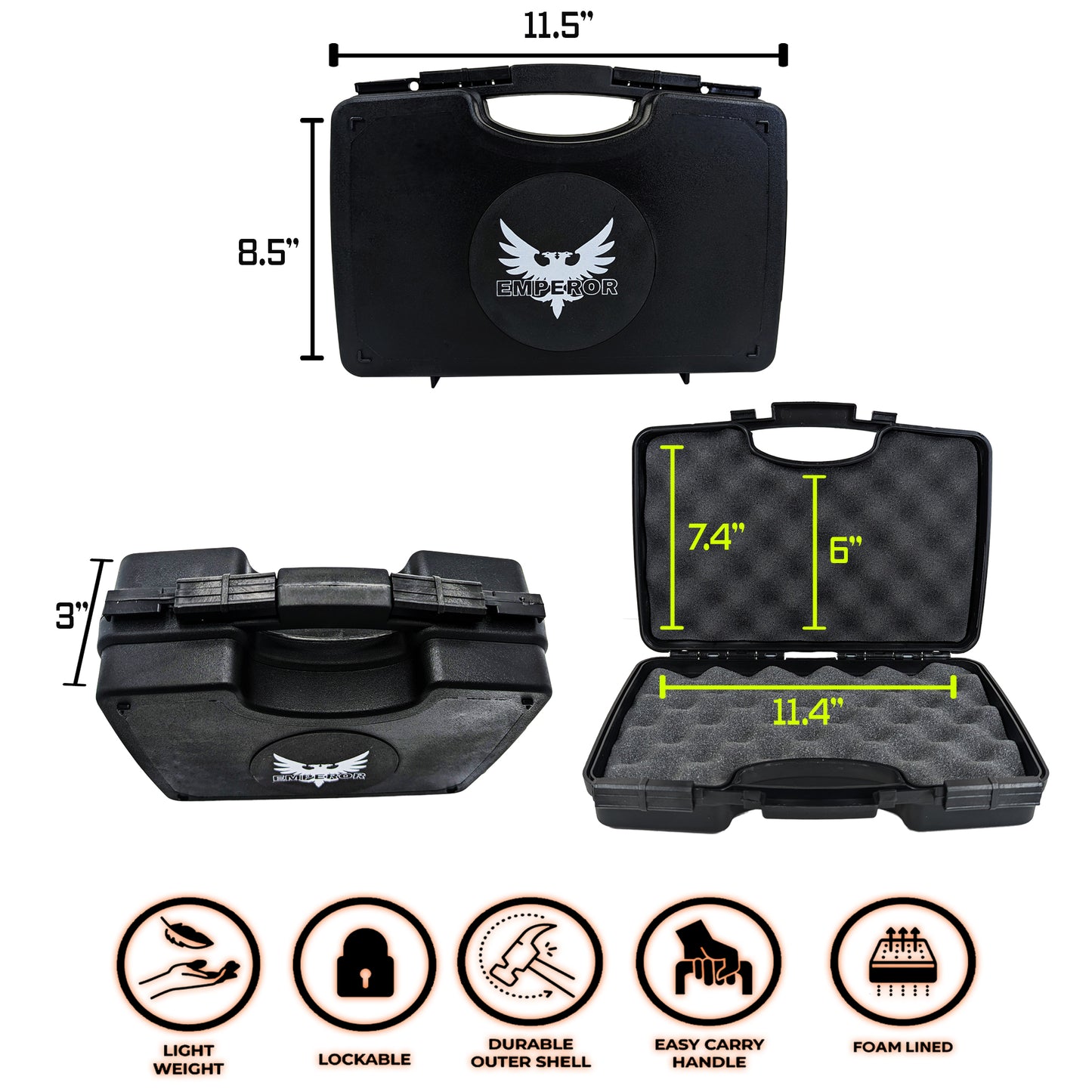 Emperor Arms Pistol Gun Case for Firearms, Handgun Hard Carrying Cases Lockable Storage for Home or Travel, Heavy-Duty with Egg Crate Foam