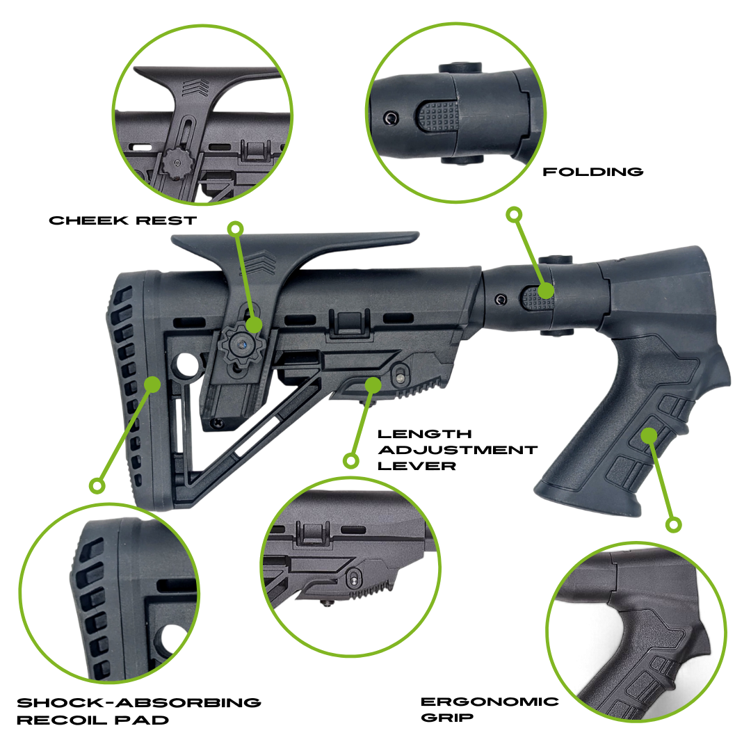 Folding Tactical Shotgun Stock with Adjustable Length, Cheek Rest, Buttpad, and Pistol Grip, Collapsible Compatible with