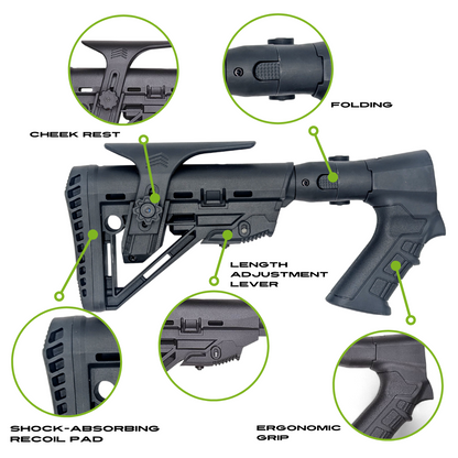 Folding Tactical Shotgun Stock with Adjustable Length, Cheek Rest, Buttpad, and Pistol Grip, Collapsible Compatible with ASI  PASI1 12GA