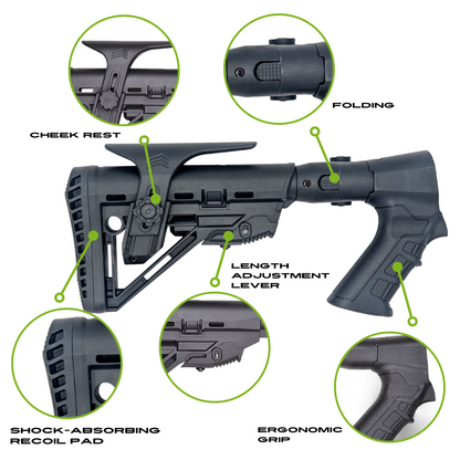 Folding Tactical Shotgun Stock with Adjustable Length, Cheek Rest, Buttpad, and Pistol Grip, Collapsible Compatible with GForce Arms Arms GF1 12GA