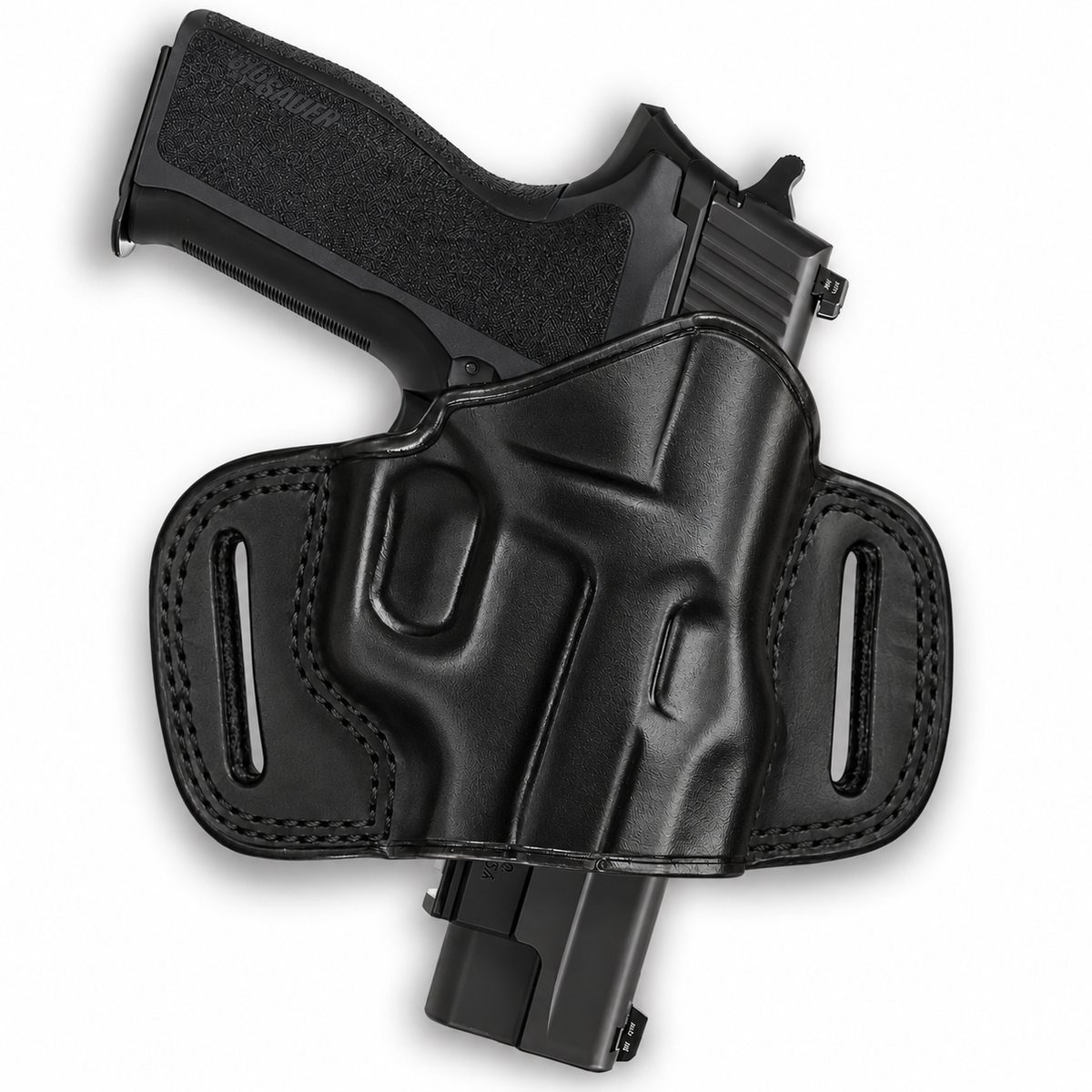 Black leather right-hand open-top OWB pancake holster for Bersa TPR9C, view 1