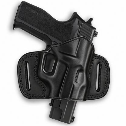 Black leather right-hand open-top OWB pancake holster for Bersa TPR9C, view 1