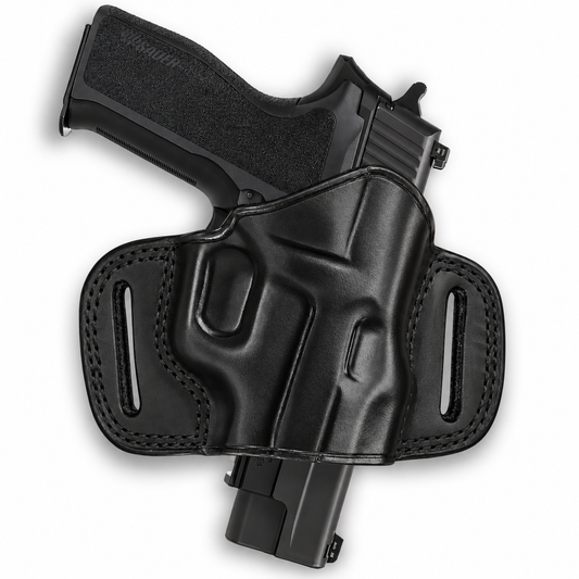 Black leather right-hand open-top OWB pancake holster for Bersa TPR9C, view 1