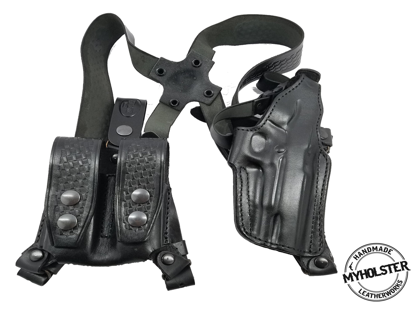 Premium Leather Shoulder Holster System – Horizontal Carry – Double Mag Pouch Compatible w/ Sig Sauer P226R DAK W/RAILS