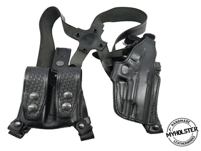 Premium Leather Shoulder Holster System – Horizontal Carry – Double Mag Pouch Compatible w/ Sig Sauer P226R DAK W/RAILS