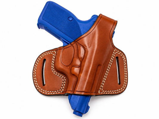 Brown right-hand leather OWB pancake thumb-break holster for Grand Power P1 Mk12, view 1