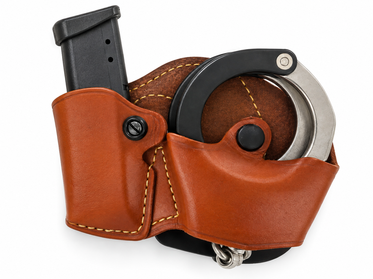 Premium Leather Handcuff Case & Magazine Pouch Combo – Brown – Fits 2" Belts