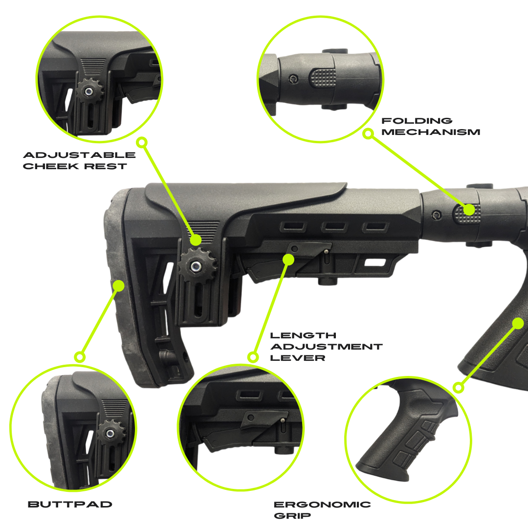 Folding Tactical Buttstock with Pistol Grip – Adjustable, Collapsible Compatible with ASI PASIMAX 12GA