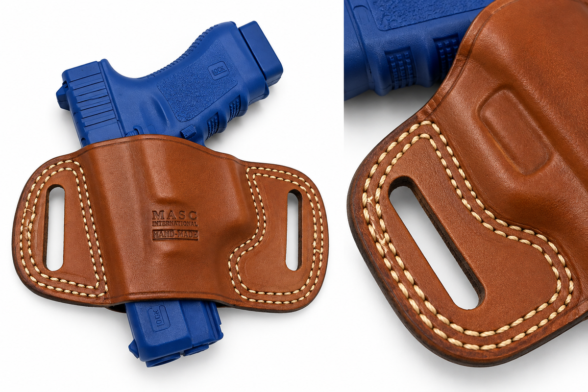 Brown right-hand leather open-top OWB pancake holster for Grand Power P45, view 2