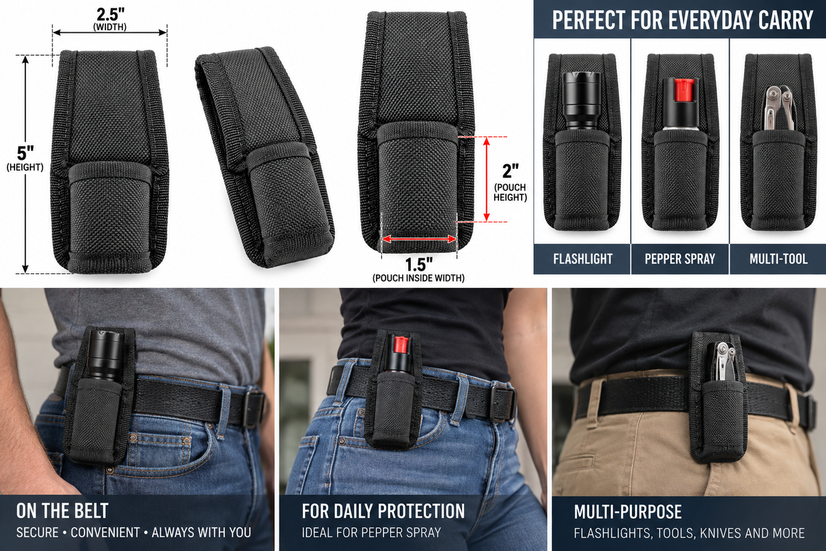 Nylon Flashlight Pepper Spray Multi Tool Belt Holder Open Bottom Black 1.75"