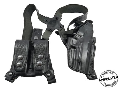 Premium Leather Shoulder Holster System – Horizontal Carry – Double Mag Pouch Compatible w/ Sig Sauer SP2022
