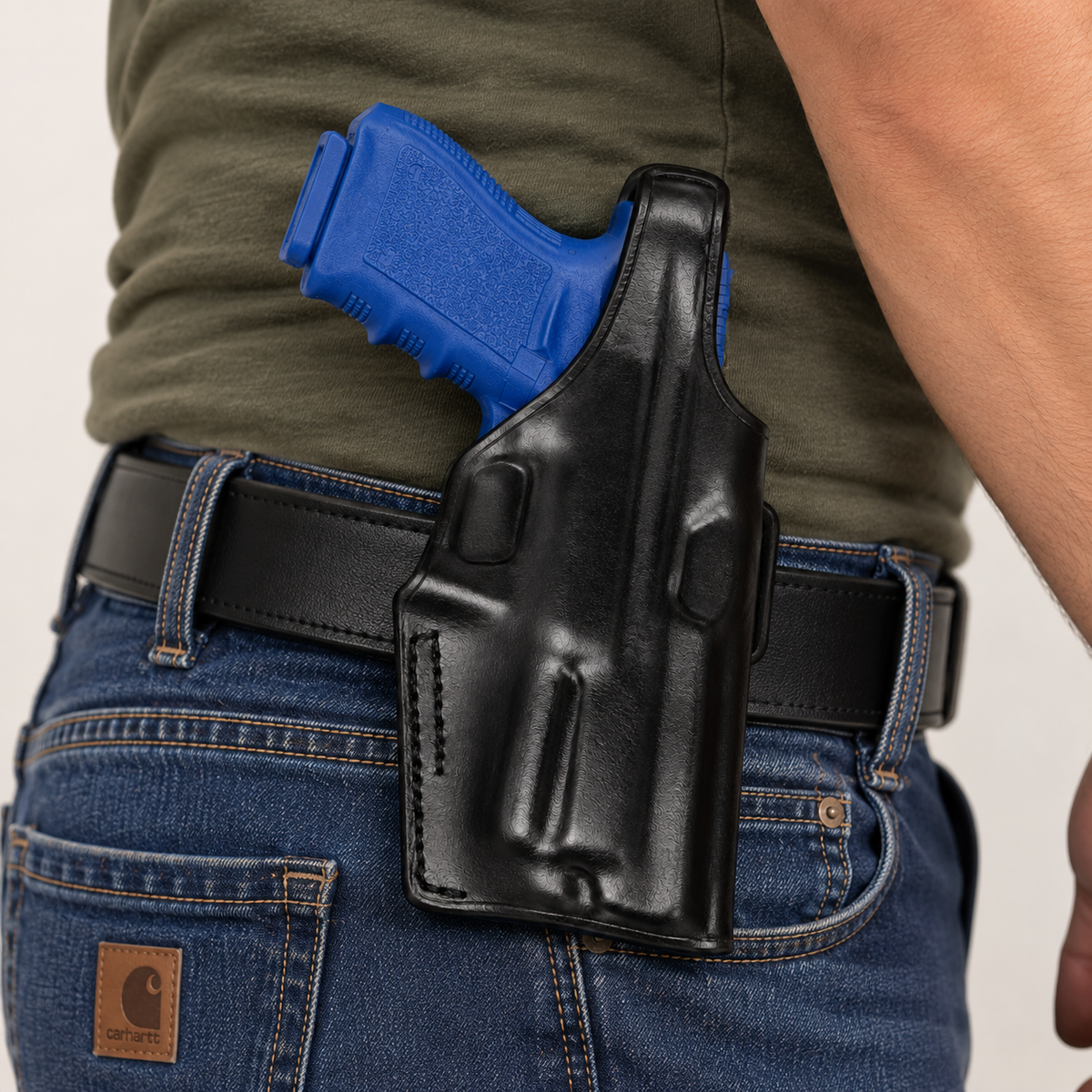 Right Hand Leather OWB Holster Thumb Break Fits 2" Belt Black Fits