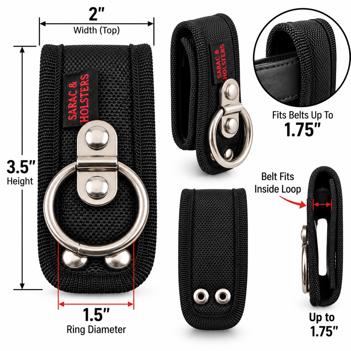 Nylon Duty Belt Key Holder 1.5" Metal Key Ring Keeper Fits 1.75" Belt Black