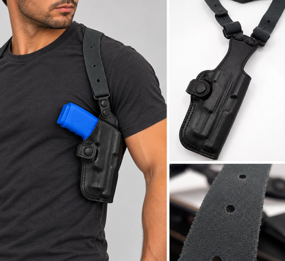 Black leather vertical shoulder holster with double bullet carrier for SAR 9X