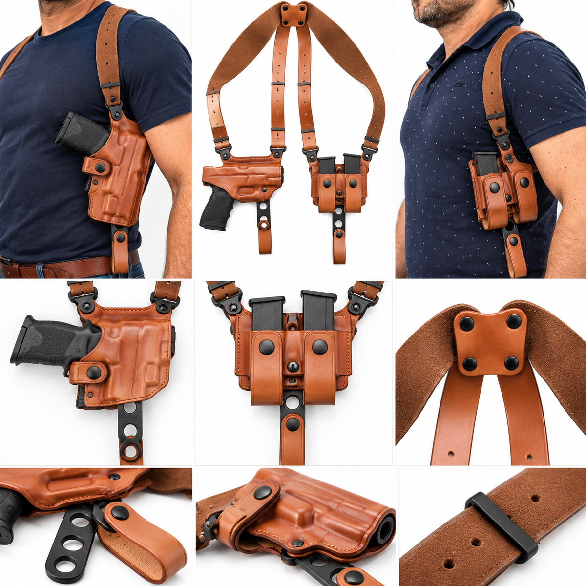 Leather Vertical Shoulder Holster w/ Double Bullet Carrier Brown Thumb Break Fits
