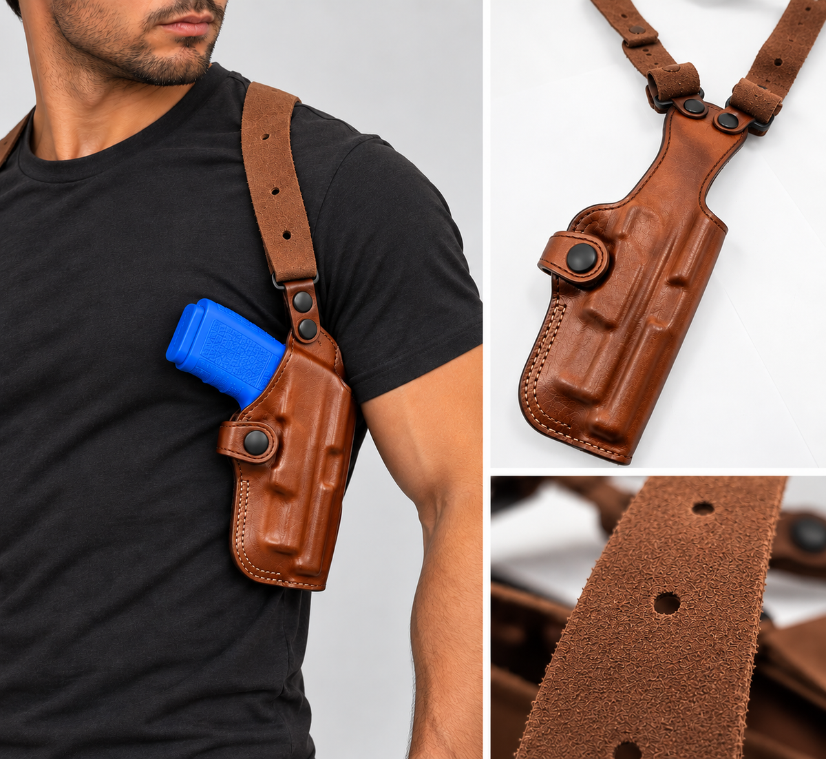 Brown leather vertical shoulder holster with double bullet carrier for Stoeger STR-9