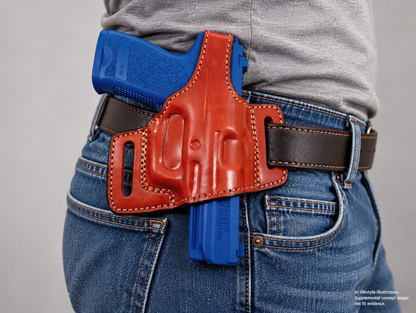 AI lifestyle illustration of Thumbreak leather Holster for Heckler & Koch USP 9MM, Right worn at the waistband; supplemental concept, not verified fit evidence.