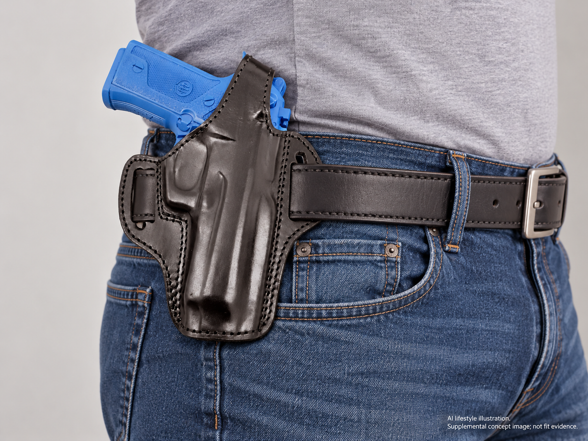 AI lifestyle illustration of Beretta Vertec OWB Thumb Break Leather Right Hand Belt Holster worn at the waistband; supplemental concept, not verified fit evidence.