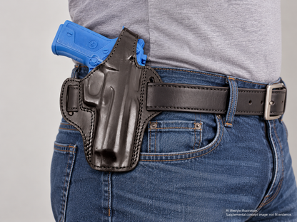 AI lifestyle illustration of Beretta Vertec OWB Thumb Break Leather Right Hand Belt Holster worn at the waistband; supplemental concept, not verified fit evidence.