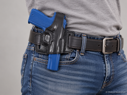 AI lifestyle illustration of Thumbreak Leather Holster Right Hand for COLT1911, MyHolster worn at the waistband; supplemental concept, not verified fit evidence.