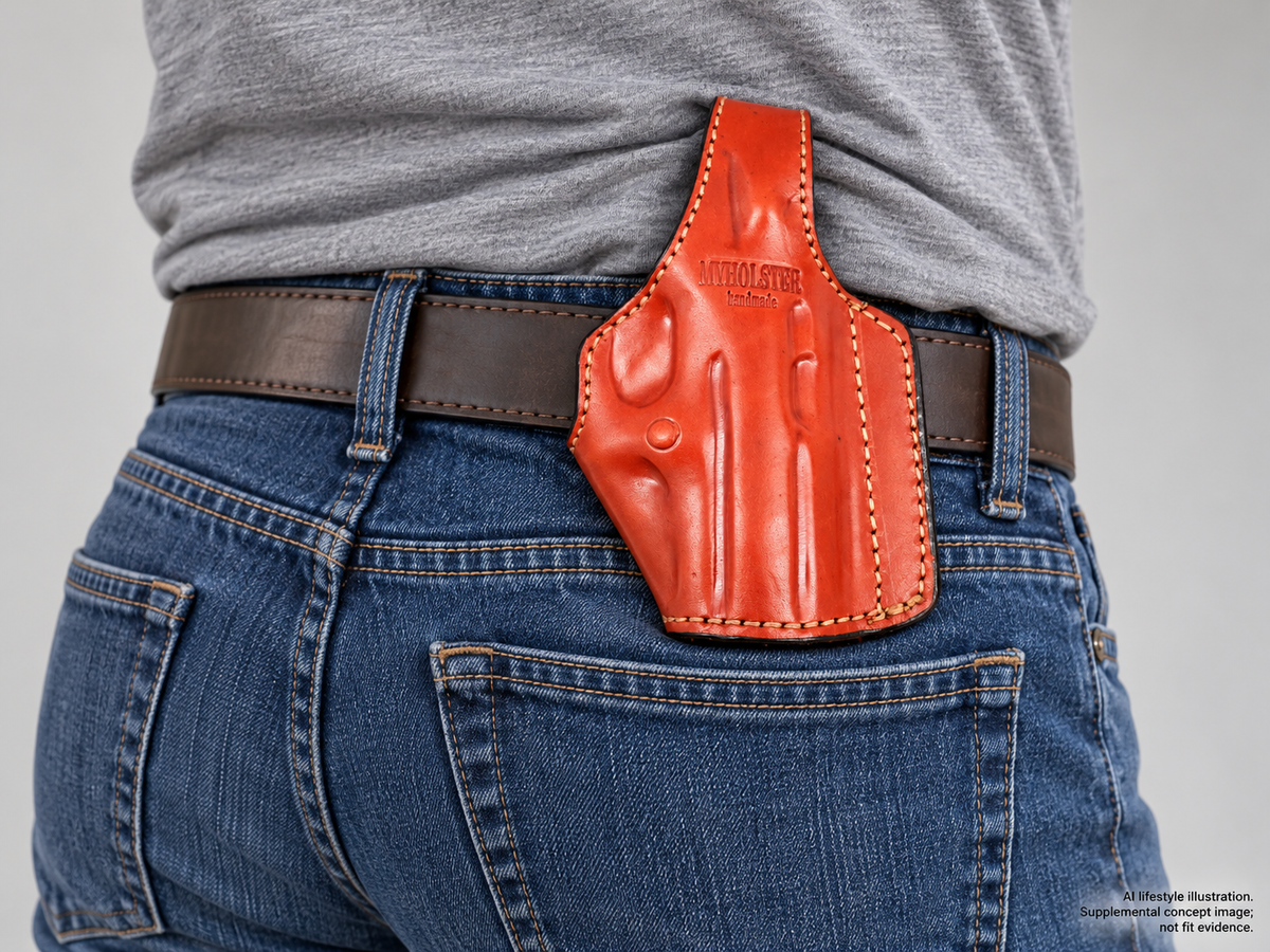 AI lifestyle illustration of Beretta PX4 Storm Full Size .45 ACP MOB Holster worn at the waistband; supplemental concept, not verified fit evidence.