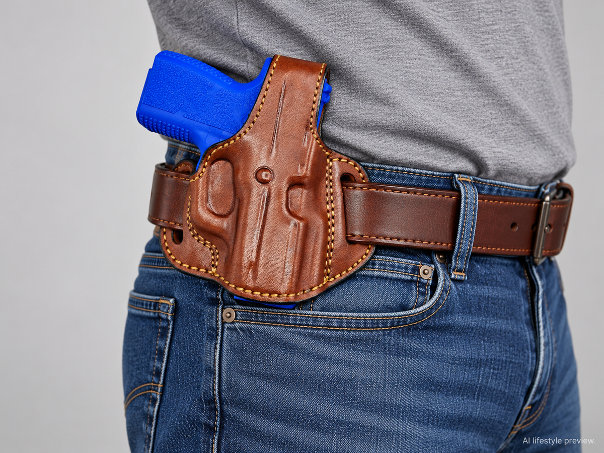 AI lifestyle illustration of a brown leather OWB holster worn on a belt with a blue inert training replica; proportions illustrative.