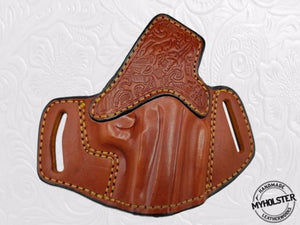 Hand Tooled Brown Leather OpenTop OWB Right Hand Belt Holster For Glock 17/22/31