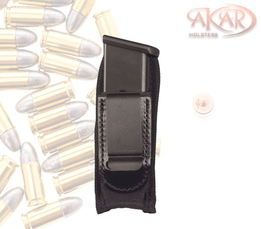 Akar Universal Single Magazine Holster IWB Clip / 9mm .40 .45 / Mag Holster For Glock 19 43 17 Sig 1911 S&W M&P | Fits Any 7 10 15 Round Clips For All Pistols /Handgun Ammo Pouch